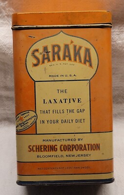 LARGE SARAKA THE LAXATIVE TIN EMPTY SCHERING CORP. BLOOMFIELD NEW JERSEY