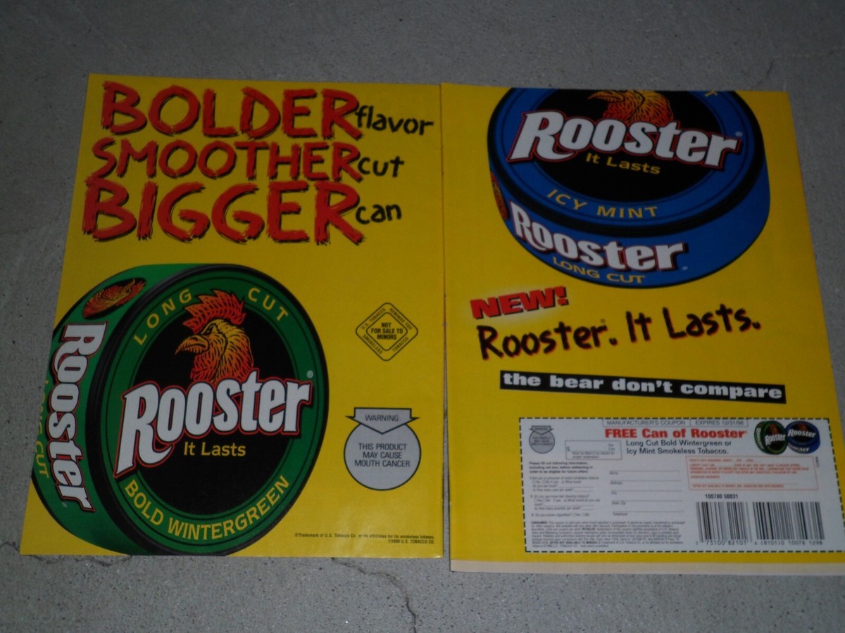 rooster tobacco 1998 ROOSTER LONG CUT BOLD SMOKLESS TOBACCO BOLD WINTERGREEN ICY ARTICLE /  AD