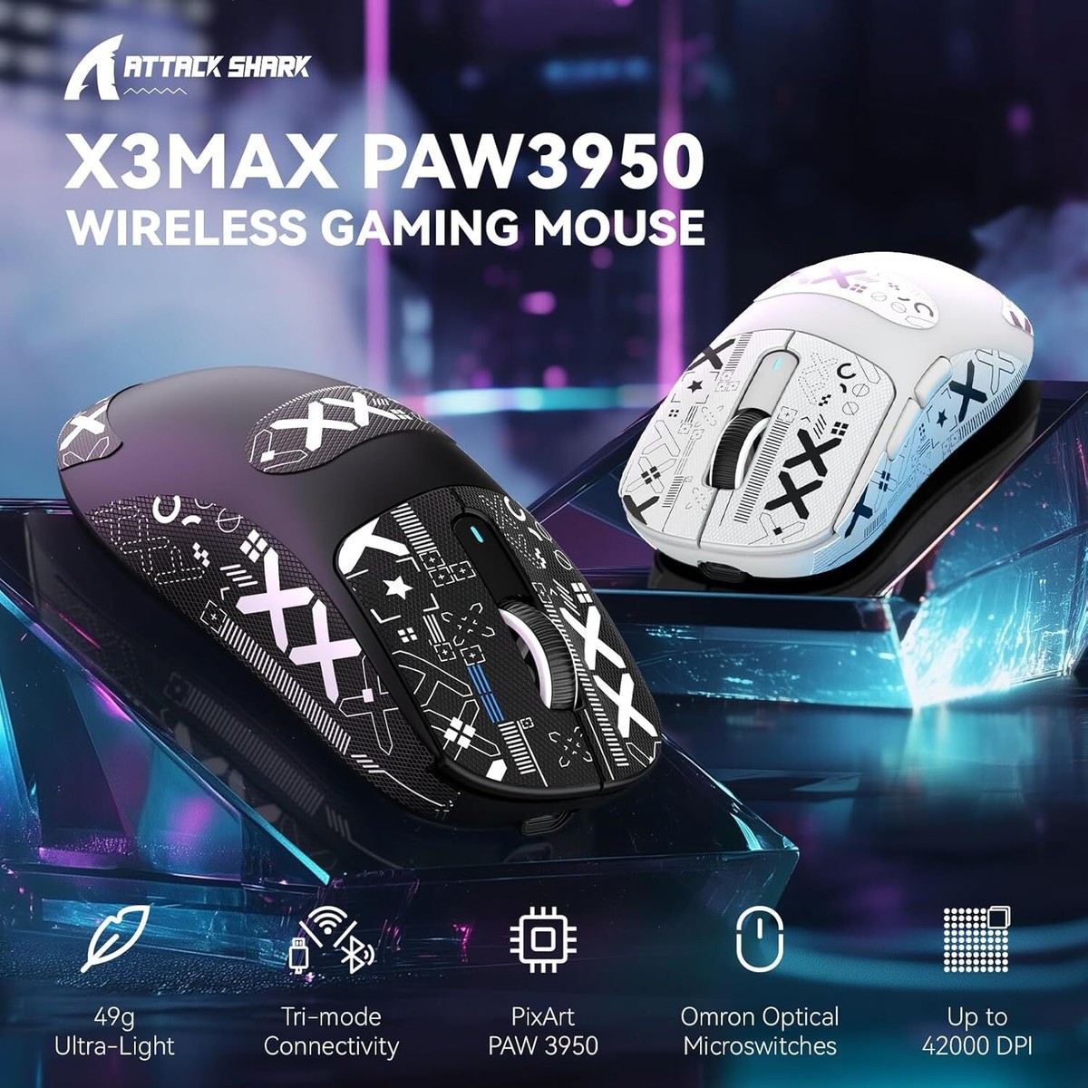 Attack Shark X3MAX PAW3950 Mouse Da Gioco, Trimodale