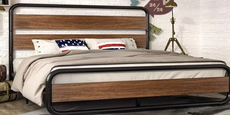 Queen Size Heavy Duty Metal Bed Frame With Wooden Headboard And Footboard Walnut