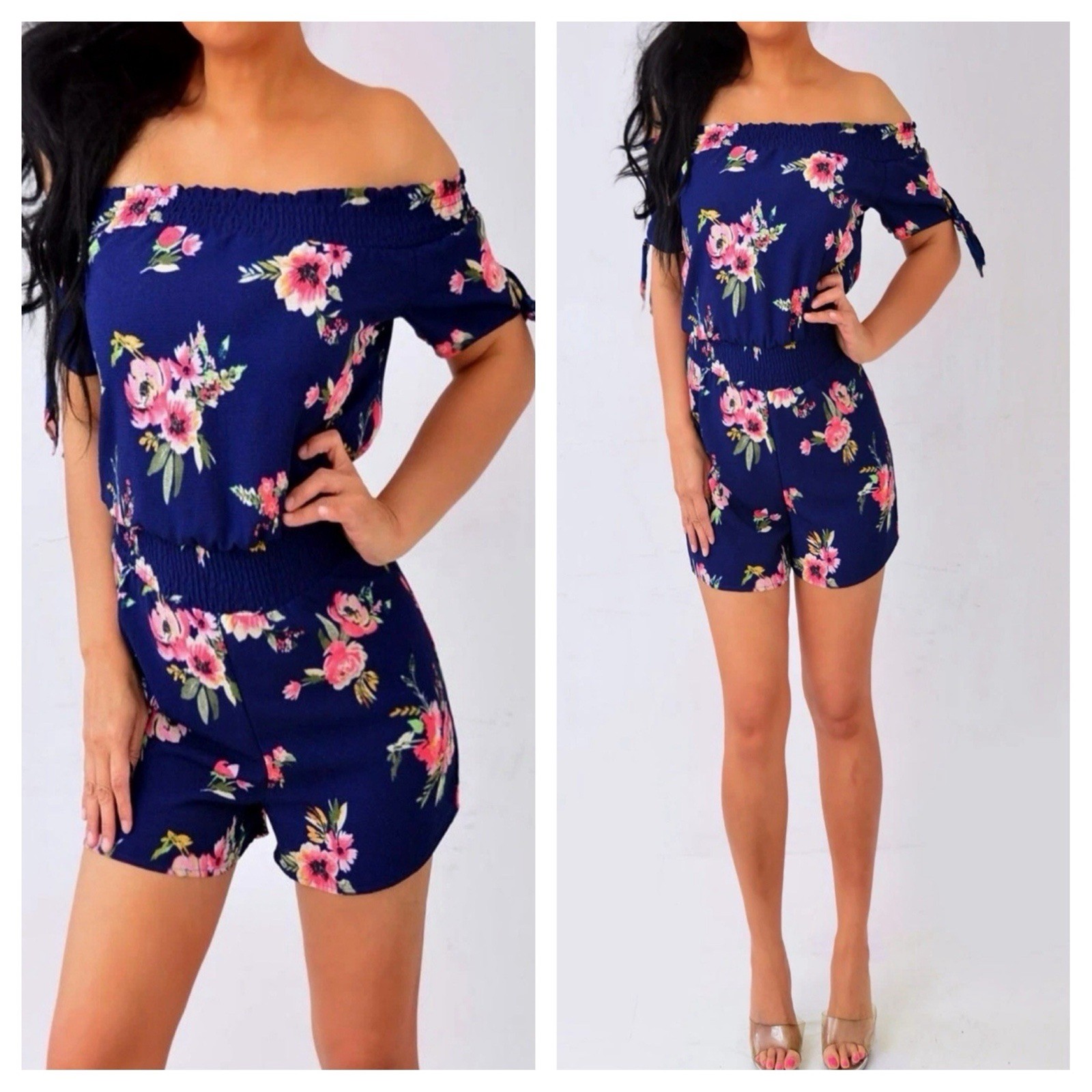 Rue21 Navy Blue Pink Green Floral Off Shoulder Romper Jumpsuit Short Size XS