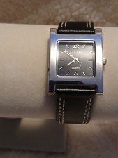 Vintage Decade Quartz Rectangle Watch Black Dial Silver Case Leather Strap EUC