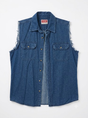 Wrangler Premium Quality Denim Vest Small S Cut-Off Sleeves Frayed Blue Wash