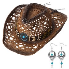 Western Straw Cowboy Hat with Decorative Bands and Earrings Cowgirl Woven Sun...
