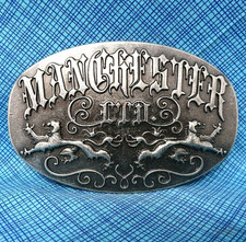 Manchester Ltd Promo Belt Buckle Clothing Lions Scroll Vtg        .PCB233
