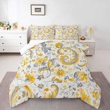 Yellow Gray Flowers Comforter Set Full Size 3 Pcs,Botanical Garden Vinatage B...