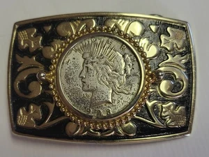Western Americana Belt Buckle with 1923 Peace Dollar Coin Silver Tone