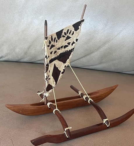 Vintage Hand Carved Koa Wood  Hawaiian Outrigger Canoe with  Hand Painted Sail