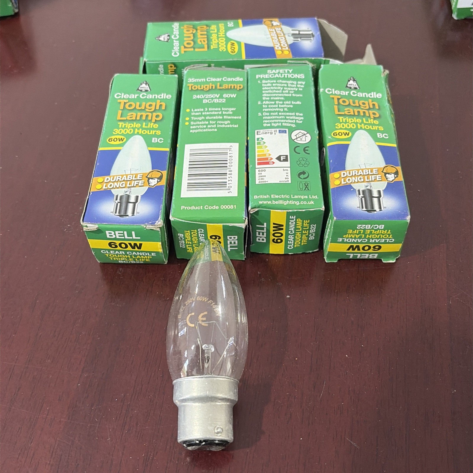 5x CLEAR CANDLE TOUGH LAMP 240V 60W BC/B22 3mm Triple Life R68