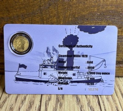 2026 Mickey Mouse Steamboat Willie 1/1000 oz Gold Coin In Card