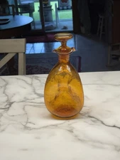 Vintage Blenko Crackle Glass Amber Pinched Decanter With Flat Top Stopper.