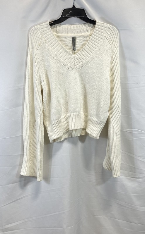Anthropologie Women's Off-White Ribbed V-Neck Cotton Blend Knit Sweater Size M