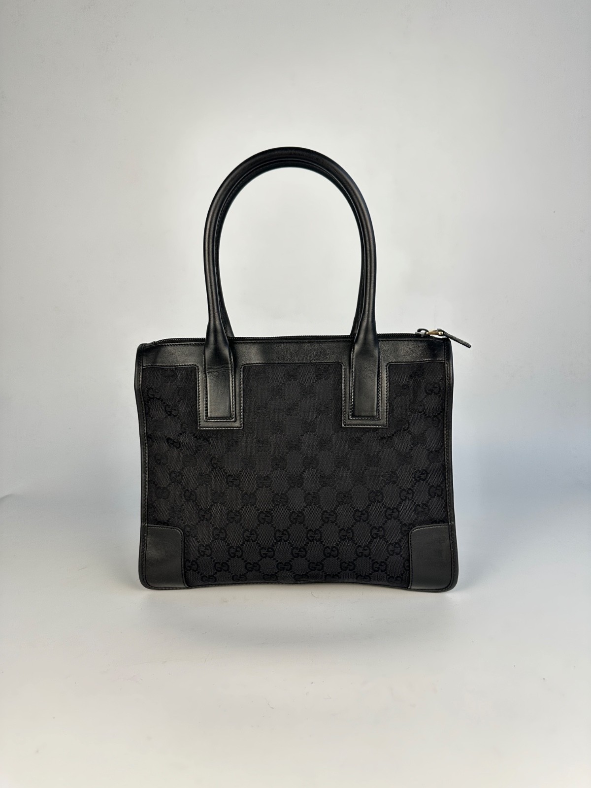 Authentic GUCCI GG Monogram Black Canvas Leather Tote Bag 000-0855 Vintage