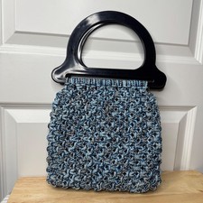 Macrame Handbag Blue Hand Made Lined Purse Vintage Unique EUC