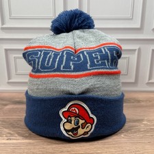 Super Mario Beanie Hat Blue Gray Pom Pom Nintendo Winter Warm Adult One Size