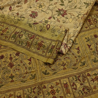 Indian Vintage Green Saree Pure Silk Hand Embroidered Kantha Sari Fabric 5Yd