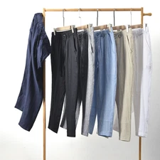 Men’s Linen Pants Elastic Waist Drawstring Relaxed Fit Casual Trousers