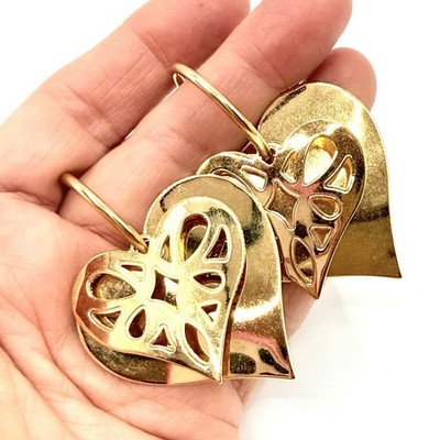 Vtg Goldtone Earrings Heart Filigree Openwork For Point Star Bold Shiny Rare R