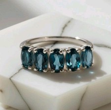 925 Sterling Silver Oval Cut Topaz Gem Semi Eternity Wedding Band