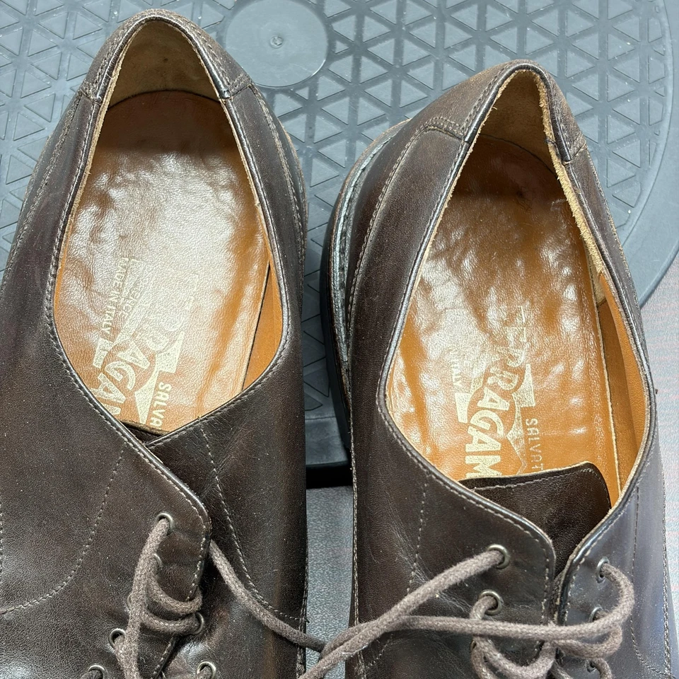 Salvatore Ferragamo Zapatos Para Hombre Talla 10 Marrón Cuero Delantal Derby Hecho en Italia Foto 4 de 4