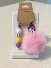 Handmade with love Beaded Key Chain Pink Pom Pom Purple Yellow White Trendy