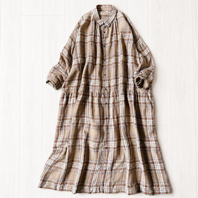 ICHI Antiquites Womens Linen Plaid Shirt Dress Long Coat One Size Brown Japan