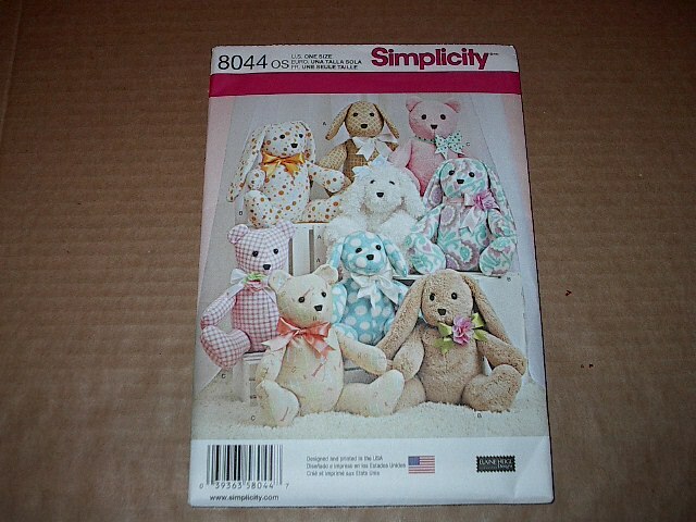 Simplicity Sewing Pattern 8044 Stuffed Animals Teddy Bear Dog Rabbit 14