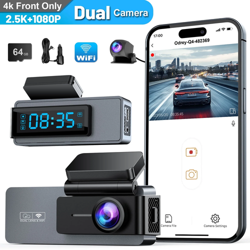 Dash Cam Front Rear 2.5K+1080P WDR 4K Wifi G-Sensor Night Vision, 64GB