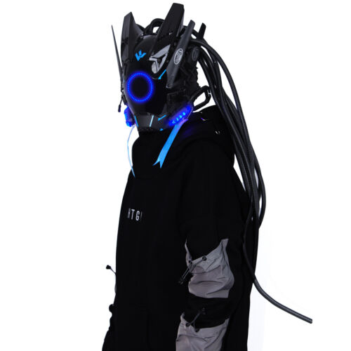 Futuristische Cybermaske mit LED-Leuchten für Cosplay und Techwear Mode - Bild 26 von 80