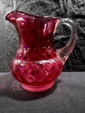 Vintage  Cranberry  Inverted Coin Dot Pitcher  Ribbed with Clear Handle  5" Tall