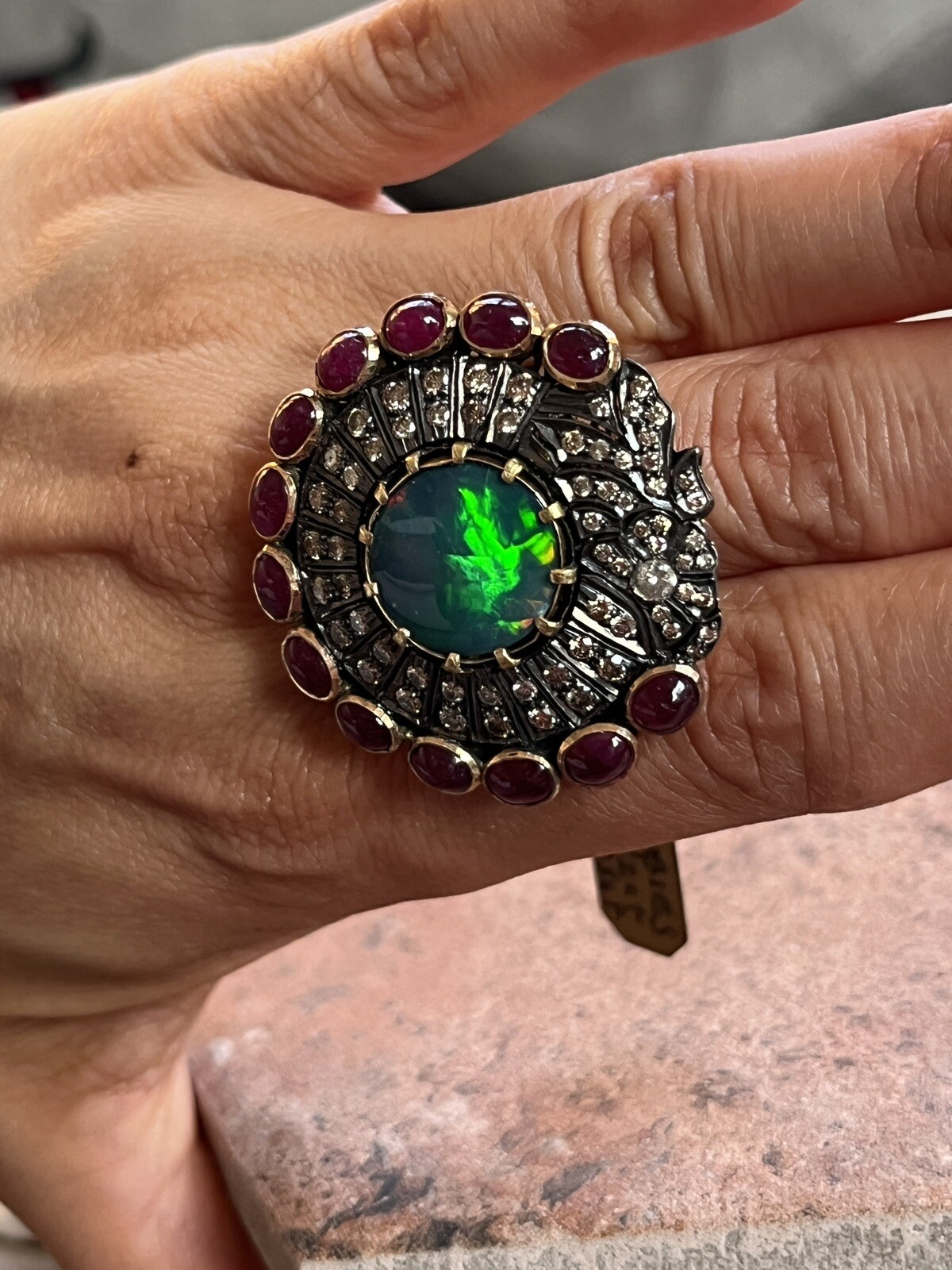 Opal Ruby Diamond Huge Shield Ring 14K Solid Gold… - image 9