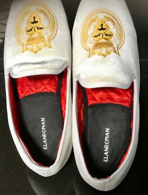 ElanRoman White Velvet Loafers with Gold Embroidered Crest Red Soles Sz 12.5 Elanroman White Velvet Loafers Mens Size 41 Dress Shoes Gold  main image 4
