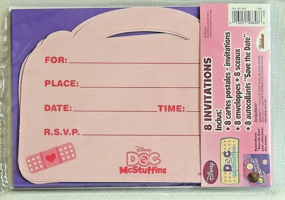 DOC McSTUFFINS 8- INVITATIONS W/ENVELOPES --PARTY SUPPLIES - Image 2 of 2