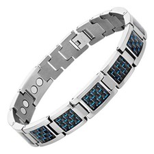 8.5" Mens Magnetic Steel Bracelet. Silver w Black  Blue Carbon Fiber. Fancy Box