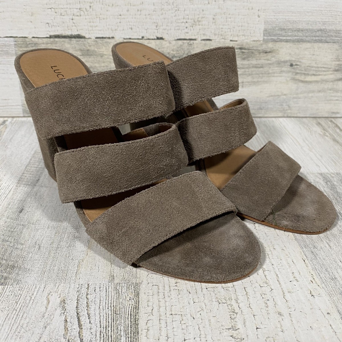 Lucky Brand Minna Taupe Leather Heeled Sandals Slides Block Heels