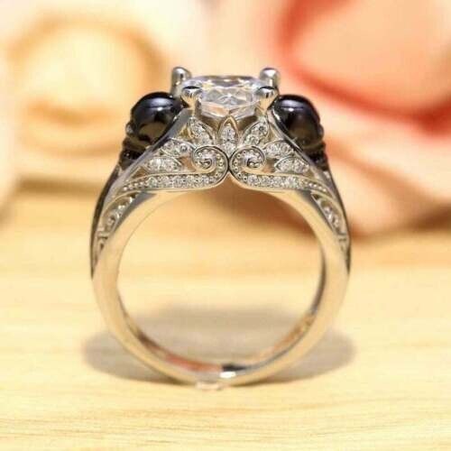 Vintage Double Skull 2CT Heart Lab Created Diamond Wedding Ring In 925 Silver - Photo 6/9