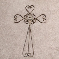 Metal Wall Hanging Decorative Cross. Metal, White, Bronze Colored