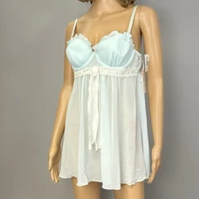 New Linea Donatella Chemise Size Medium Aqua Blue Chiffon Ruffle Lace Nighty NWD