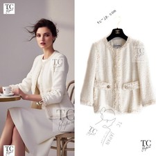 CHANEL 10C Ivory Creme Braid Trim Belt Tweed Jacket Karl Lagerfeld 42 US10