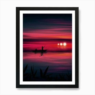Fischer drei Sonnenuntergänge Kunstdruck gerahmt Wandbild Poster Leinwanddruck Bild