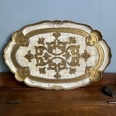 Vintage Italian Florentine Tole Ornate Gold & White 17  Oval Serving Tray Italy
