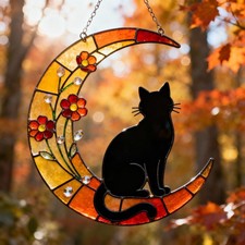 Black Cat Moon Suncatcher   Wavy Acrylic Stained Glass Look Window Hanging