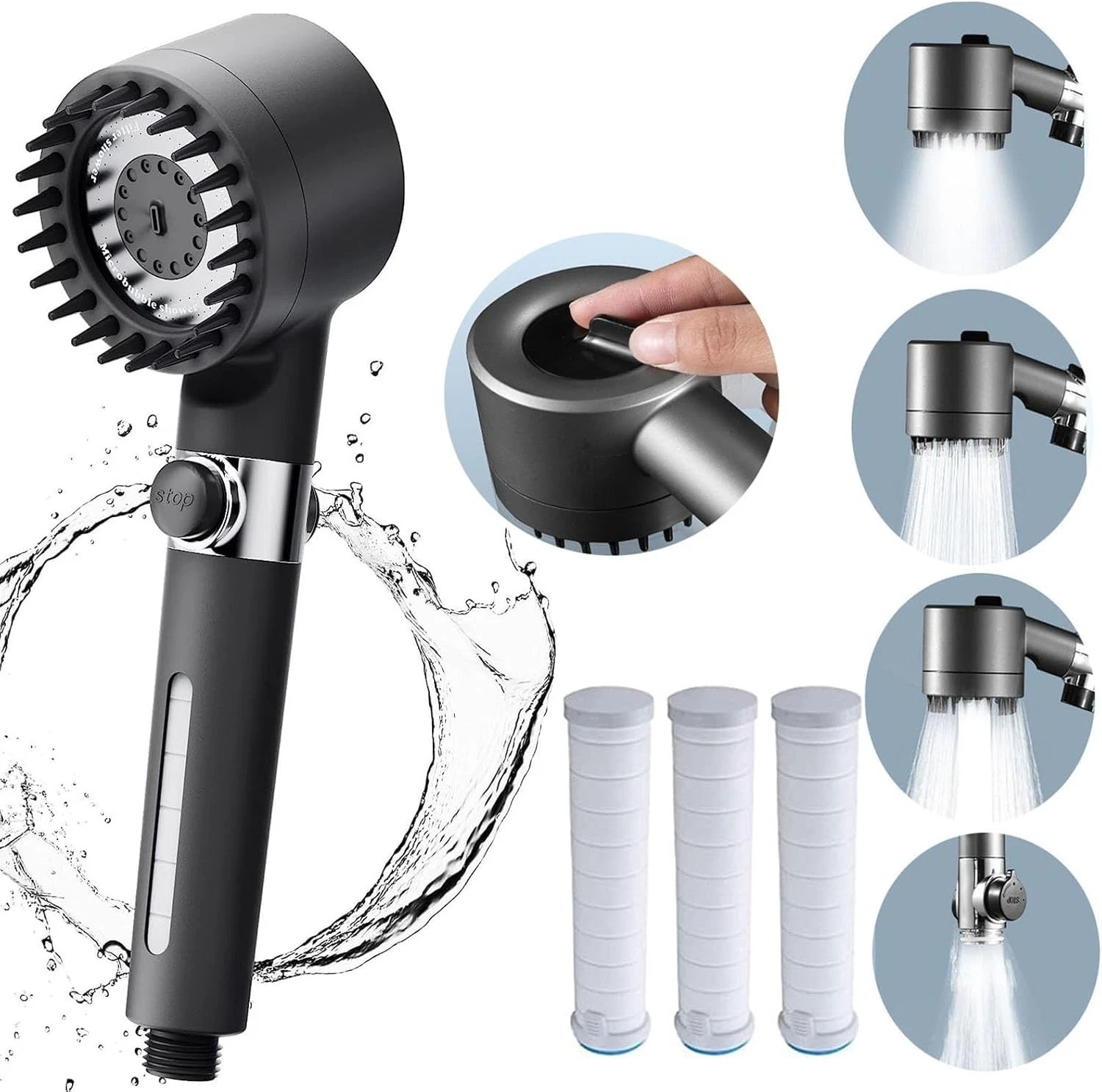German Multifunctional Massage Rain Shower Head 3-Speed Handheld High Pressure