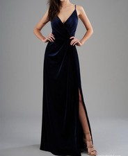 B2 Jasmine Velvet Dark Blue long Dress Womens 4 Side Slit Babydoll Prom