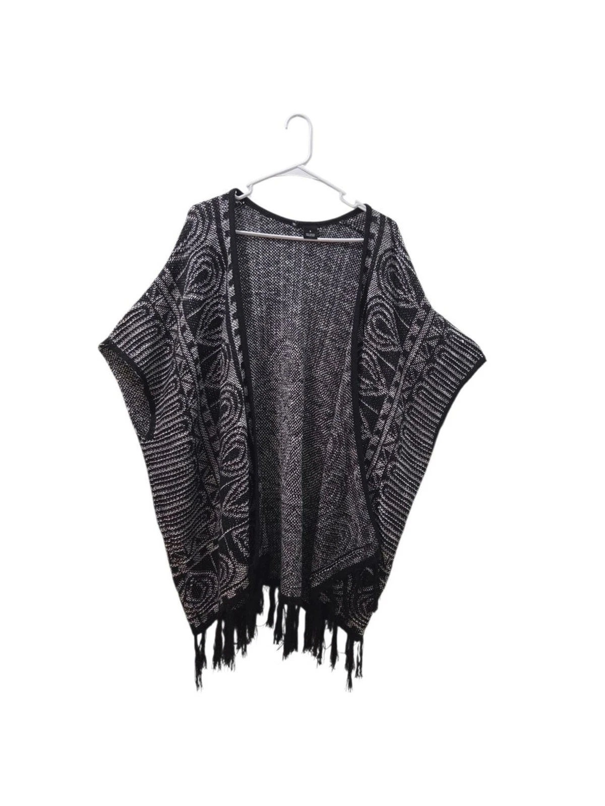 New Directions Black White Fringe Open Front Poncho Cardigan Sweater Size S