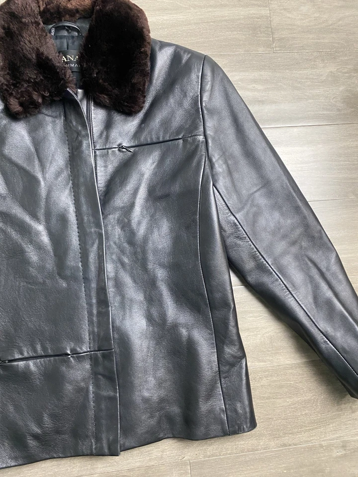Dana Buchman Talla 8 100% PIEL DE CORDERO Negro Cuero Chaqueta Moto Castor Piel Cuello Foto 3 de 4