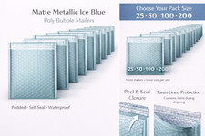 #2 8.5x12 Ice Blue Matte Metallic Poly Bubble Mailers Self Seal 25-200 Pack