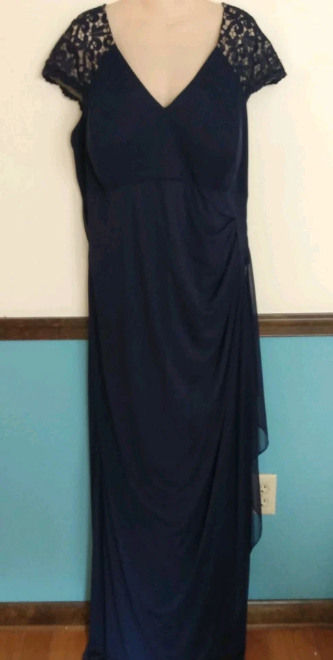 XSCAPE Mujer Talla 20W 20 W Azul Marino Ilusión Encaje Ruch Vestido Formal Largo Vestido Foto 2 de 4