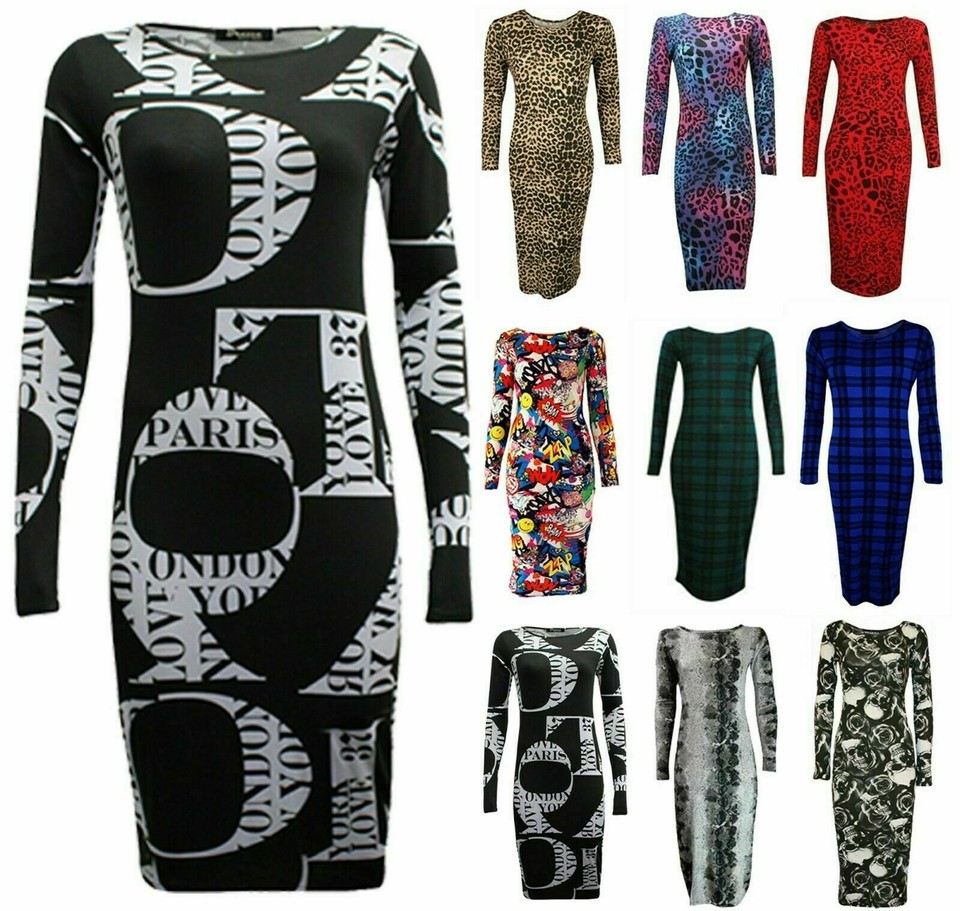VESTIDO MIDI SEÑORA BODYCON MANGA LARGA ELÁSTICO JERSEY ESTAMPADO TALLA GRANDE