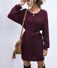 Adele Berto Wine Red Fleck Tie-Waist Sweater Dress Size Medium (Missing Belt)